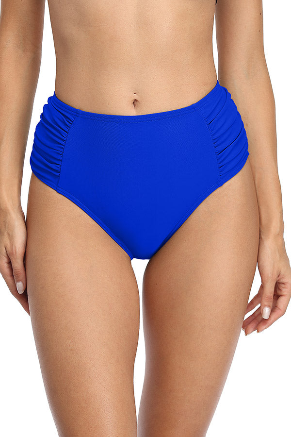 Solid High Waisted Pleated Swim Trunks