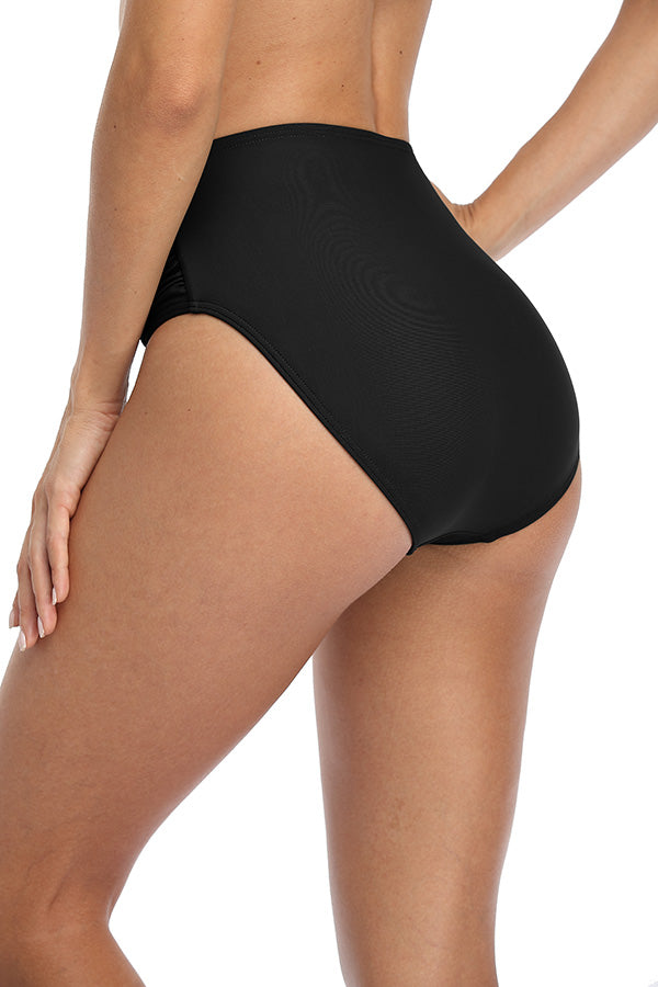 Solid High Waisted Pleated Swim Trunks