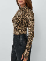 Charmo Women's Leopard Print Elegant Long Sleeve Frill Trim Mock Neck Blouse Tops