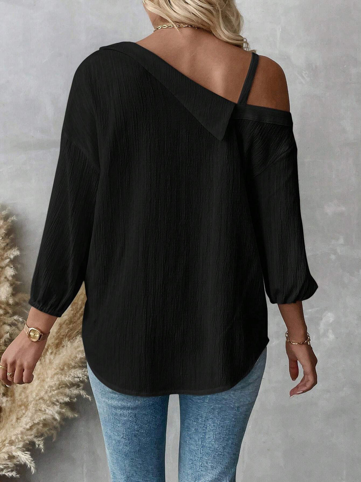 Charmo Women's One Shoulder Button Down Blouse Long Sleeve Asymmetrical Shirt Tops Textured Collared Blouse Dressy Casual Tops