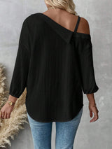 Charmo Women's One Shoulder Button Down Blouse Long Sleeve Asymmetrical Shirt Tops Textured Collared Blouse Dressy Casual Tops