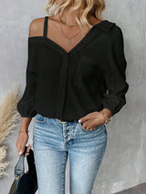 Charmo Women's One Shoulder Button Down Blouse Long Sleeve Asymmetrical Shirt Tops Textured Collared Blouse Dressy Casual Tops