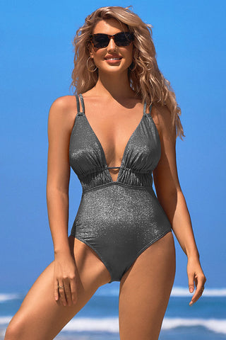 V Neck Ruching Cut Out Gry One-piece Swimsuit