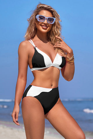V Neck Blackless Adjustable Shoulder Strap Color Block Bikini Suits