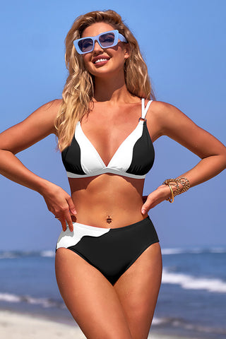 V Neck Blackless Adjustable Shoulder Strap Color Block Bikini Suits