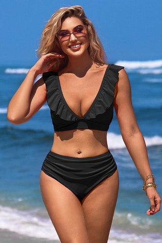 V Neck Solid Color Ruffle Ruching Bikini Suits