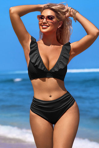 V Neck Solid Color Ruffle Ruching Bikini Suits