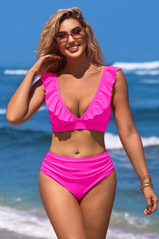 V Neck Solid Color Ruffle Backless Ruching Bikini Suits