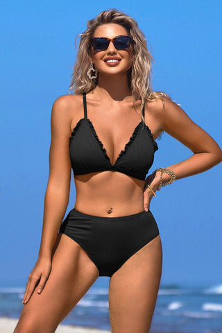 Solid Color V Neck Backless Spegatti Strap Black Bikini Suits