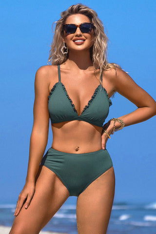 Solid Color V Neck Backless Spegatti Strap Bikini Suits