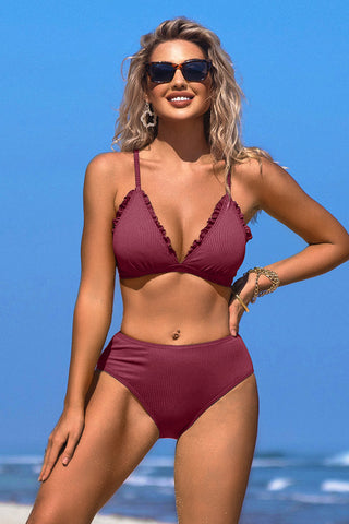 V Neck Solid Color Backless Spegatti Strap Bikini Suits
