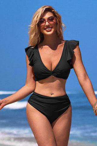 V Neck Solid Color Ruching Ruffle Bikini Suits
