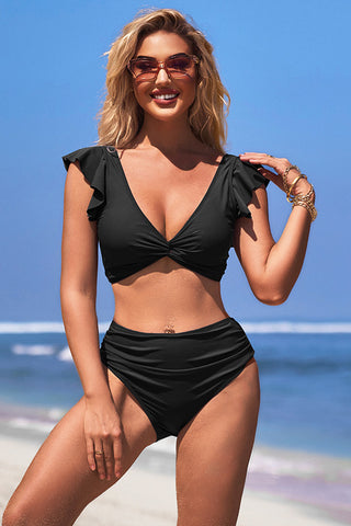 V Neck Solid Color Ruching Ruffle Bikini Suits