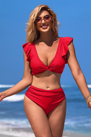 V Neck Solid Color Ruching Knot Ruffle Bikini Suits
