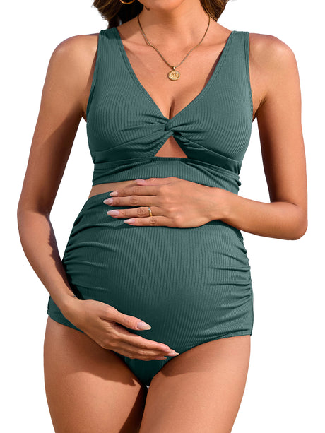 Sociala Maternity Swimsuit Twist Cutout Front Two Piece Bathing Suit Swimwear High Waist Pregnancy Bikini Sets