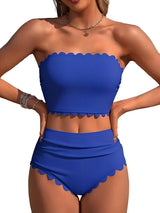 Sociala Strapless High Waisted Bikini Sets for Women Tummy Control Scallop Ribbed Bandeau Swimsuit Lace up Bathing Suits