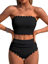 Sociala Strapless High Waisted Bikini Sets for Women Tummy Control Scallop Ribbed Bandeau Swimsuit Lace up Bathing Suits