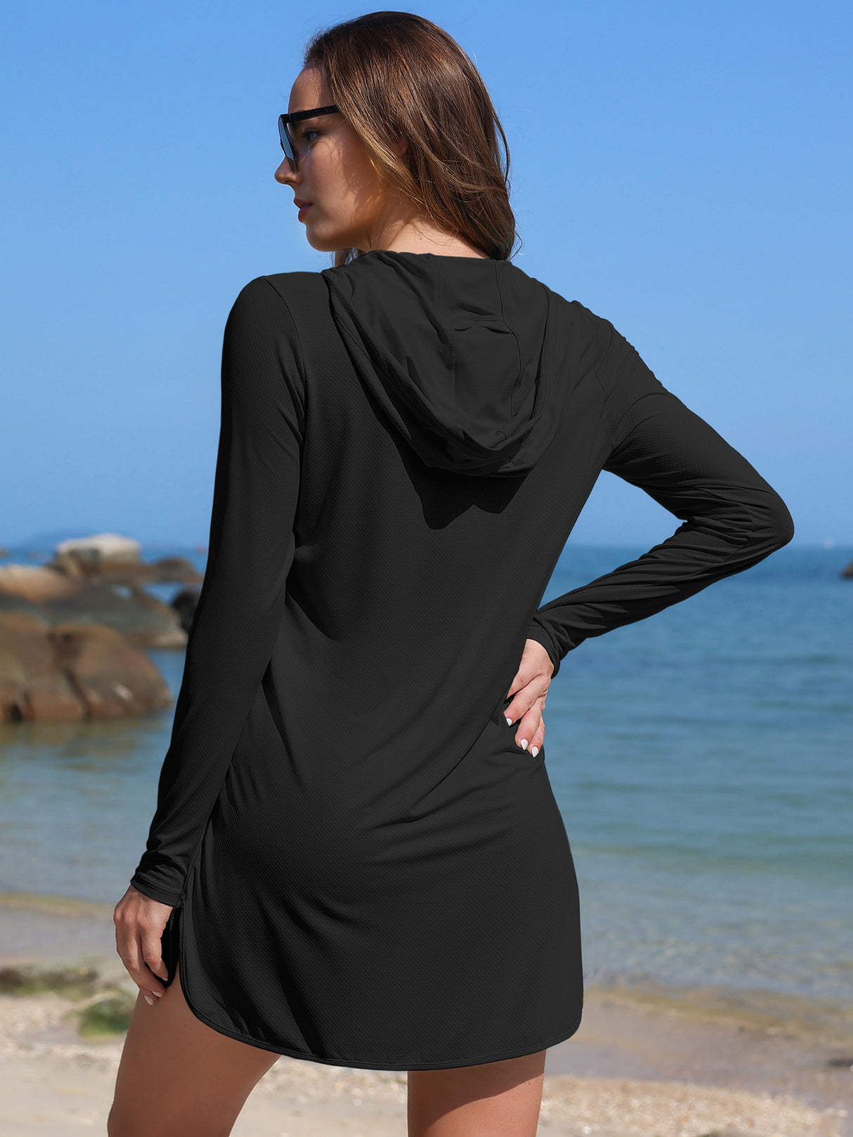 Asoul Women's Hooded UPF 50+ Rash Guard Long Sleeve UV Protection Zipper Swim Shirts Quick Dry Hiking Runing Shirts with Pockets