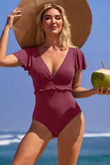 Solid Color V Neck Ruched Cut Out Tummy Control One-piece Swimsuit