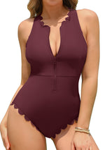 Asoul Zipper One Piece Ribbed Swimsuits for Womens Tummy Control Scalloped Swimwear Racerback Sport Bathing Suits