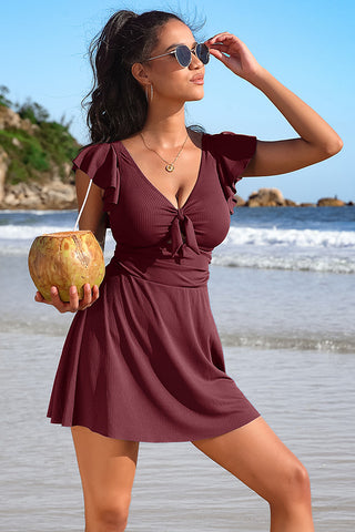 Solid Color Ruffle Sleeve Ruching Cut Out Knotted Swimdress