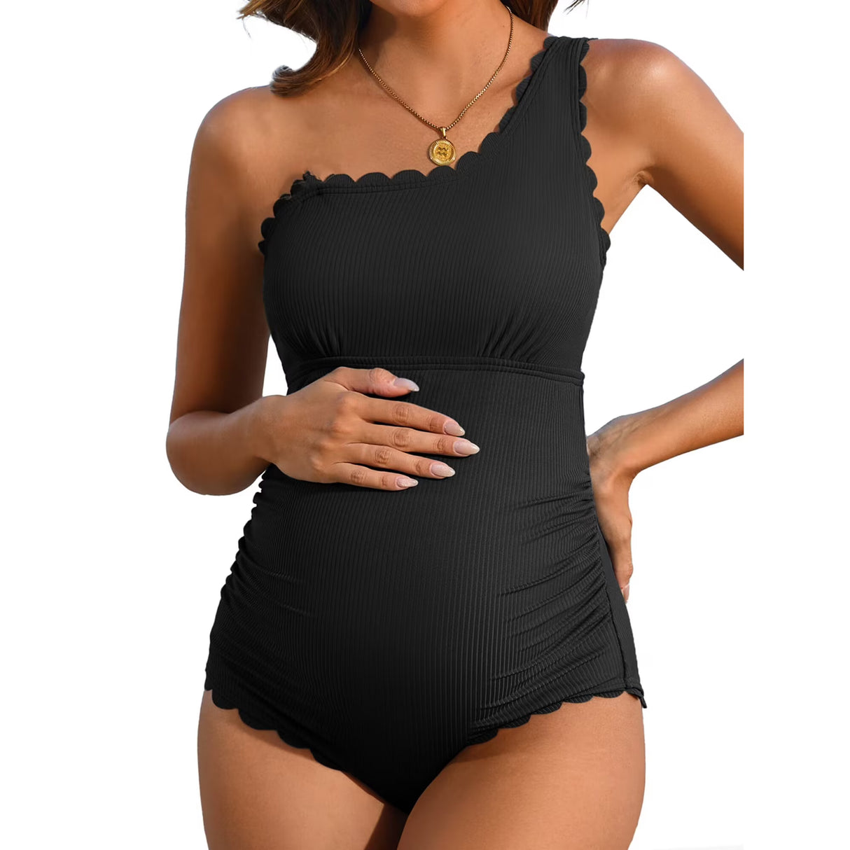 Sociala Ribbed Maternity Swimsuit Scalloped One Shoulder Bathing Suit Ruched Pregnancy Swimwear