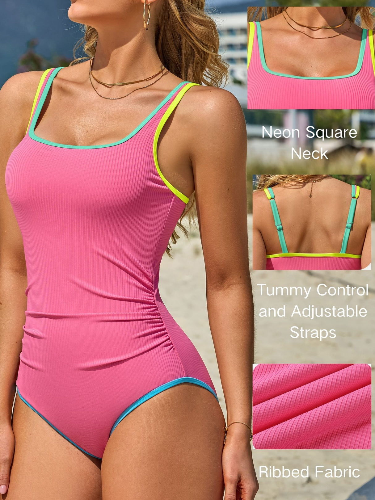 Asoul Ribbed One Piece Color Blocked Swimsuits for Womens Slimming Swimwears Tummy Control Swimming Suits Monokini Bathing Suits