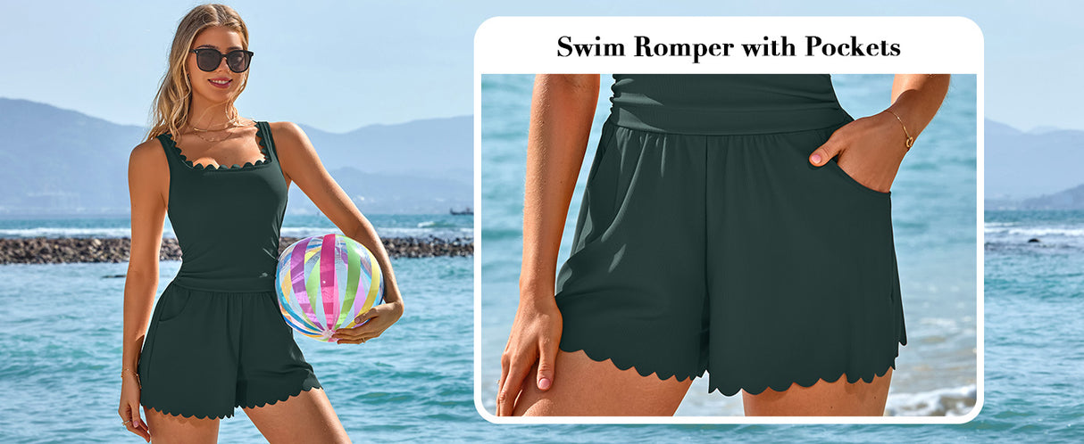 Asoul Scalloped Cute Romper Swimsuit for Women Tummy Control One Piece Bathing Suit Modest Swimsuit with Shorts