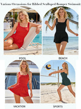 Asoul Scalloped Cute Romper Swimsuit for Women Tummy Control One Piece Bathing Suit Modest Swimsuit with Shorts