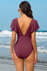 Solid Color V Neck Tummy Control Ruffle Sleeve One-piece Swimsuit