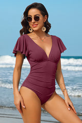 Solid Color V Neck Tummy Control Ruffle Sleeve One-piece Swimsuit