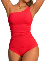 Charmo Scalloped Two Piece Tankini Swimsuits for Womens Tummy Control Bathing Suit One Shoulder Tankini Top with Bottom