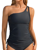 Asoul Womens One Shoulder Keyhole Tankini Tops Side Tie Ruched Swimsuit Tops Only Tummy Control Swimwear Tops(No Bottoms)