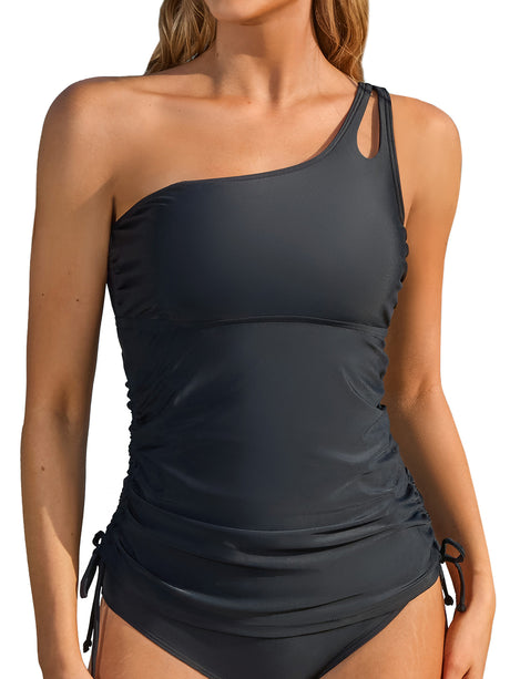Asoul Womens One Shoulder Keyhole Tankini Tops Side Tie Ruched Swimsuit Tops Only Tummy Control Swimwear Tops(No Bottoms)