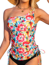 Asoul Womens One Shoulder Keyhole Tankini Tops Side Tie Ruched Swimsuit Tops Only Tummy Control Swimwear Tops(No Bottoms)