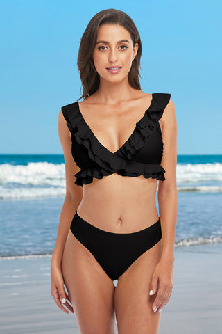 V Neck Ruffle Black Solid Color Knotted Bikini Suits