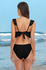 V Neck Ruffle Solid Color Knotted Black Bikini Suits