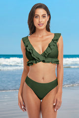 V Neck Solid Color Knotted Ruffle Green Bikini Suits