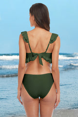 V Neck Solid Color Knotted Ruffle Green Bikini Suits