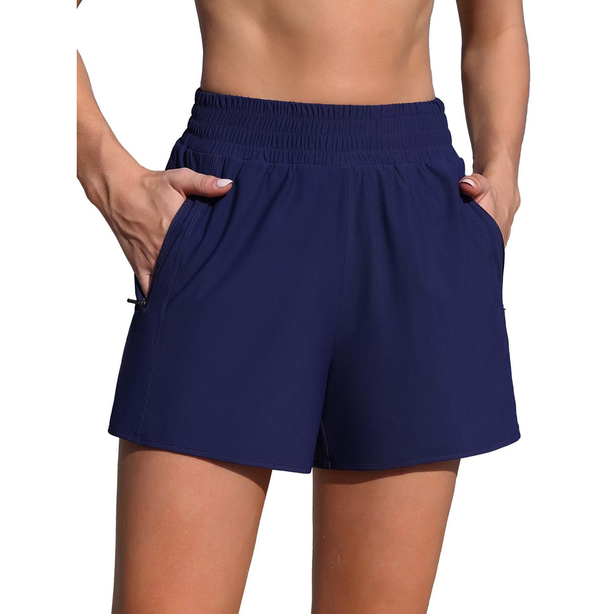 Charmo High Waisted Swim Shorts for Womens with Zipper Pockets Quick Dry Board Shorts Swimsuit Bottoms Built-in Brief