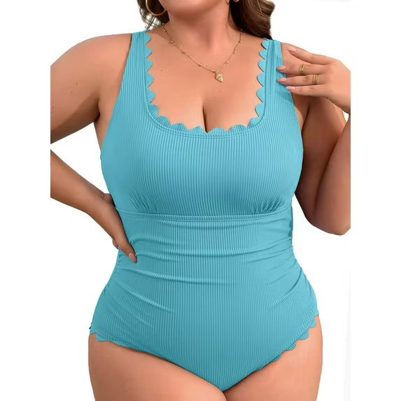Asoul Plus Size Ribbed Swimsuit for Womens One Piece Scalloped Swimwear Tummy Control Bathing Suits