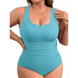 Asoul Plus Size Ribbed Swimsuit for Womens One Piece Scalloped Swimwear Tummy Control Bathing Suits