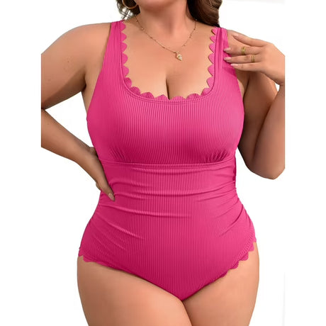 Asoul Plus Size Ribbed Swimsuit for Womens One Piece Scalloped Swimwear Tummy Control Bathing Suits
