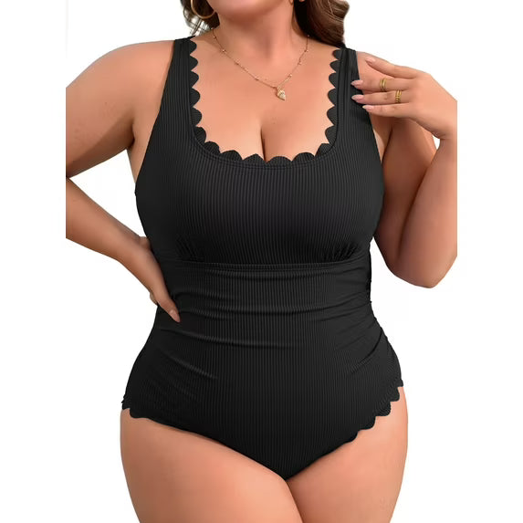 Asoul Plus Size Ribbed Swimsuit for Womens One Piece Scalloped Swimwear Tummy Control Bathing Suits