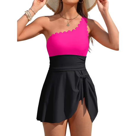 Asoul Scalloped One Shoulder One Piece Swimsuit Womens Tummy Control Bathing Suit with Skirt Tie Knot Cute Swimwear