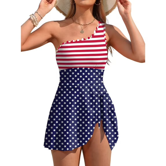 Asoul Scalloped One Shoulder One Piece Swimsuit Womens Tummy Control Bathing Suit with Skirt Tie Knot Cute Swimwear
