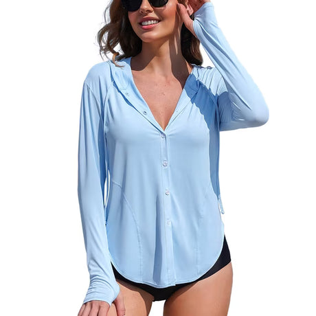 Asoul Women's Hooded UPF 50+ Rash Guard Long Sleeve UV Protection T-Shirt Zipper Swimwear Shirts with Pockets Hiking Runing Fishing Tops