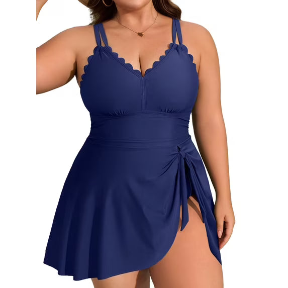Asoul Womens Plus Size Scalloped V Neck One Piece Swimsuits Side Tie Knot Swimdress Bathing Suits