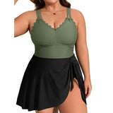 Asoul Womens Plus Size Scalloped V Neck One Piece Swimsuits Side Tie Knot Swimdress Bathing Suits