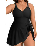 Asoul Womens Plus Size Scalloped V Neck One Piece Swimsuits Side Tie Knot Swimdress Bathing Suits